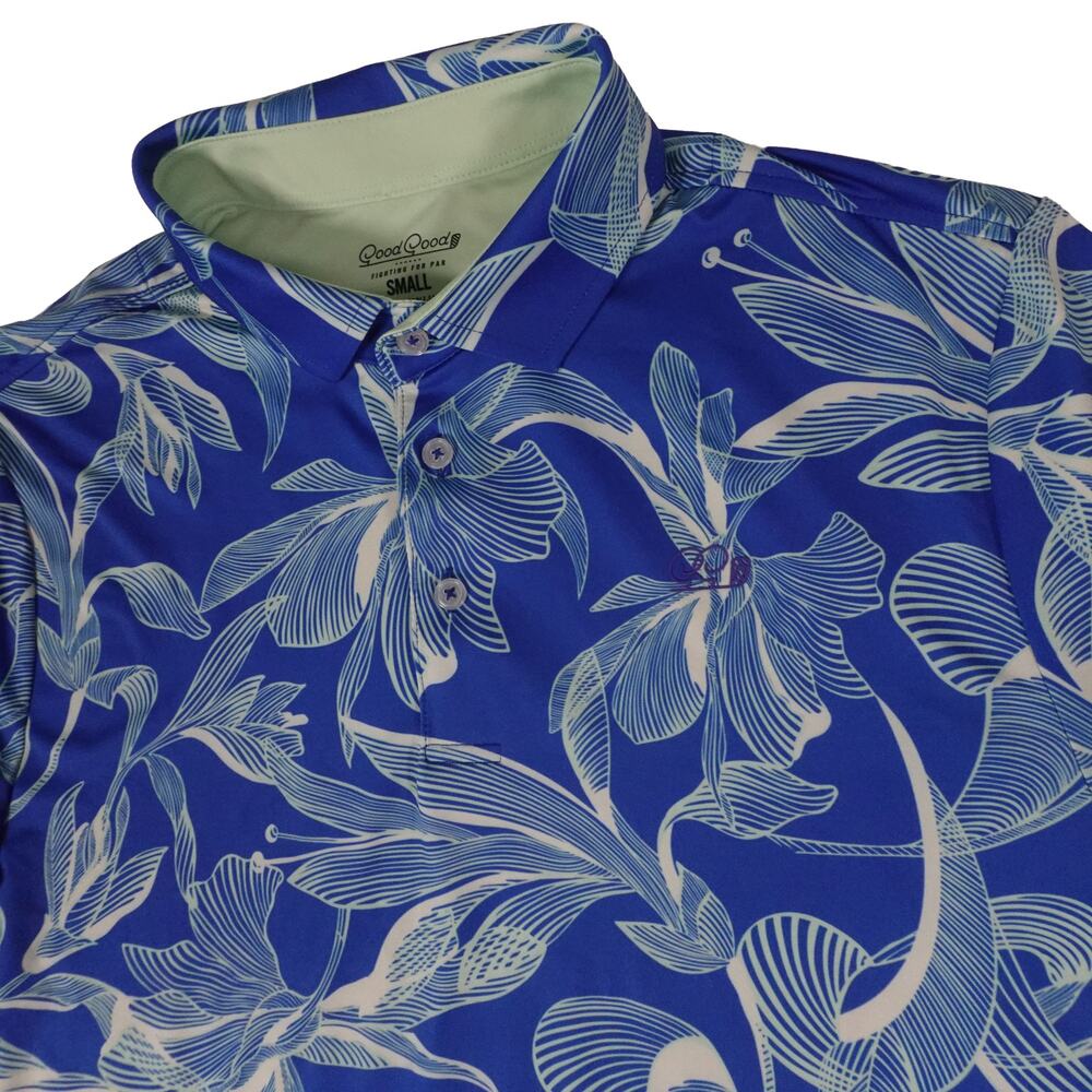 Good Good Floral Leaf Performance Blue Golf Polo Shirt Men's Small